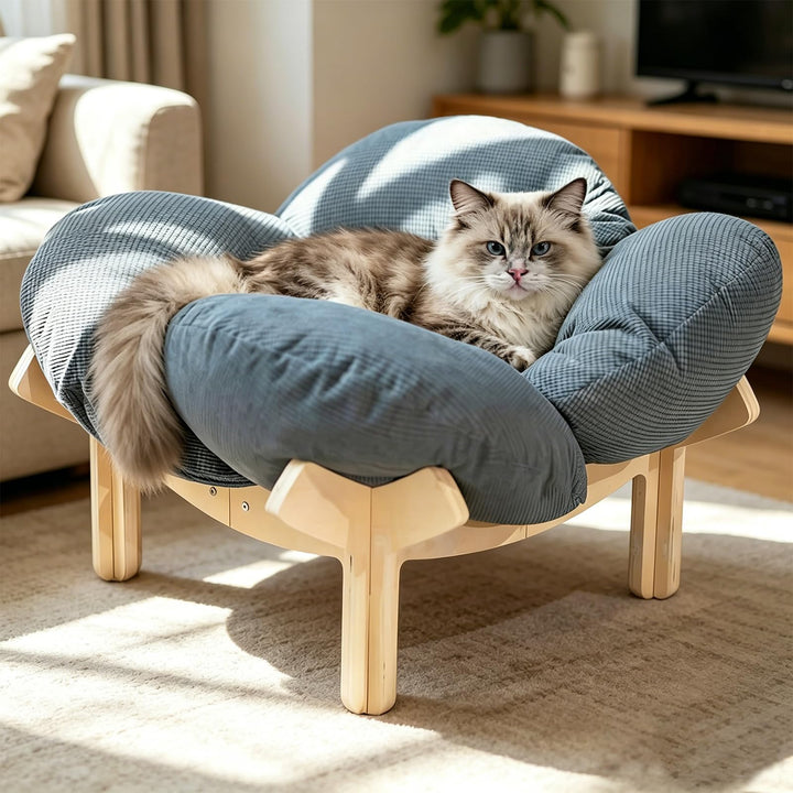 Erhöhtes Katzenbett aus Holz, Flauschiges Katzensofa in Blumenform, Katzenkissen mit waschbarem & Ho