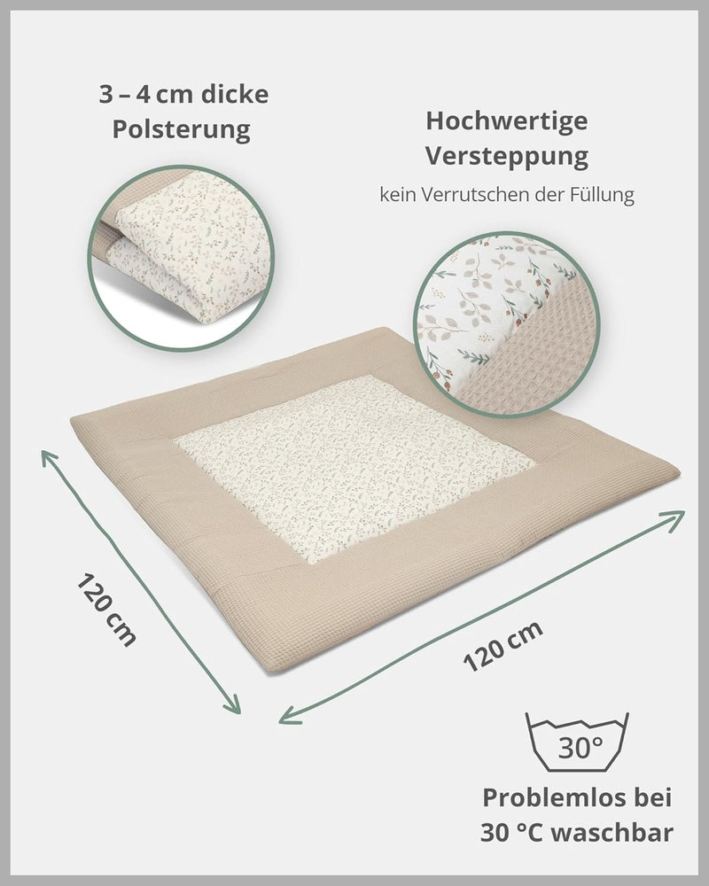 ULLENBOOM ® Baby Krabbeldecke 120x120 cm gepolstert - Floral-Sand (Made in EU) - Krabbeldecke für Ba