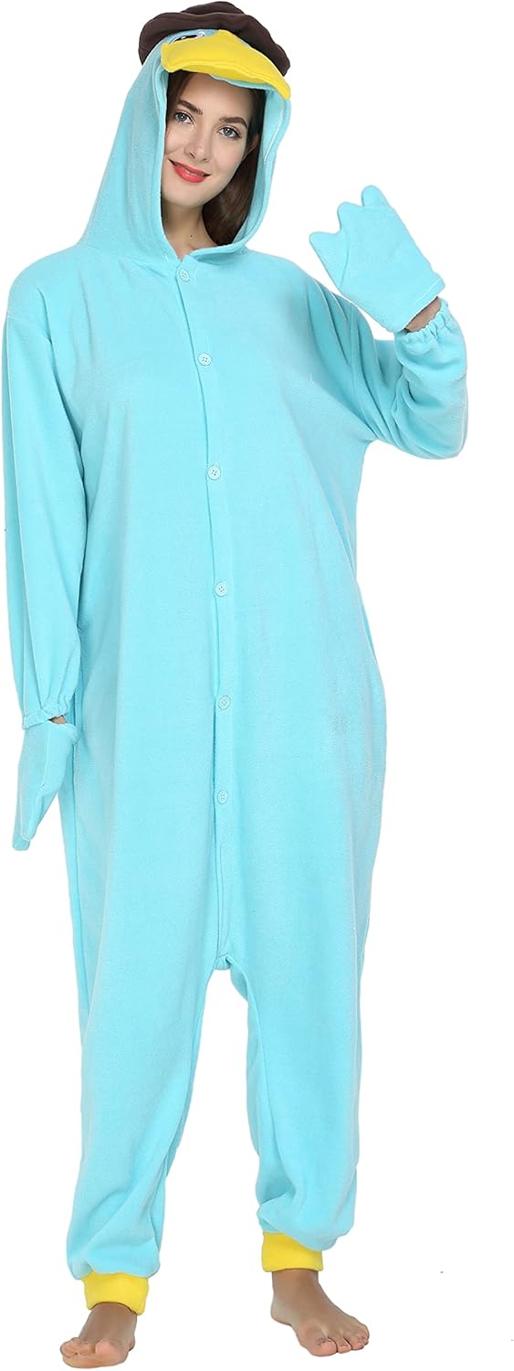 RANSUU Schnabeltier Kostüm Onesie Tier Jumpsuit Relaxo Kostuem Damen Herren Pyjama Halloween Schlafa