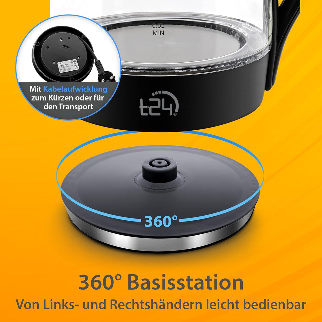 T24 Glas Wasserkocher 1,7L, 2200W, LED-Beleuchtung, 100% BPA-frei, Verdicktes Borosilikatglas, Trock