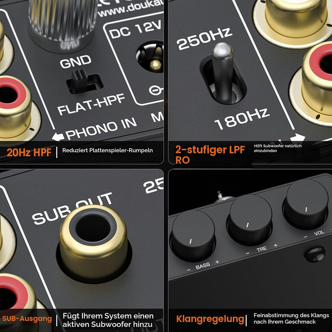 Douk Audio Röhrenvorverstärker MM Phono-Stufe HiFi Stereo-Vorverstärker mit Tiefpassfilter, Subwoofe