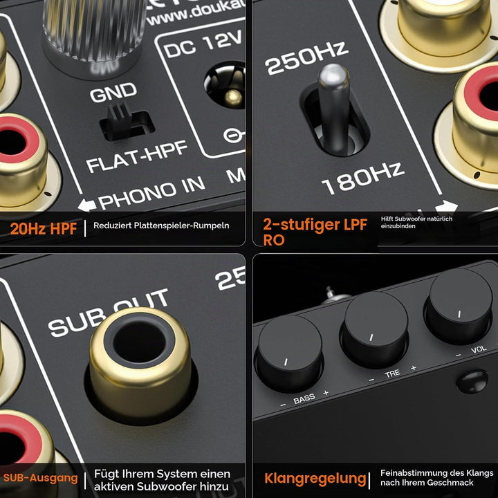 Douk Audio Röhrenvorverstärker MM Phono-Stufe HiFi Stereo-Vorverstärker mit Tiefpassfilter, Subwoofe