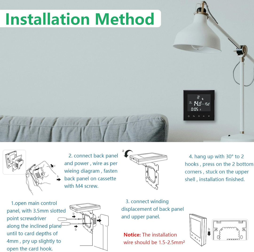Wengart Home Thermostat programmierbar WG03-4, AC230V Max3A Touchscreen LCD Display Arbeit für Fussb