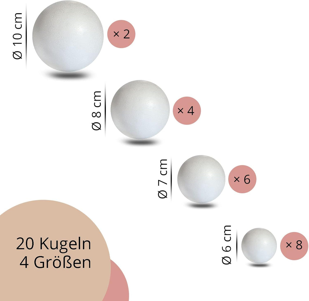 MCE-Commerce A3099320 Styropor Kugel Mix 20 St. In 4 Grössen 2x10cm 4x8cm 6x7cm 8x6cm, Weiss (Packun