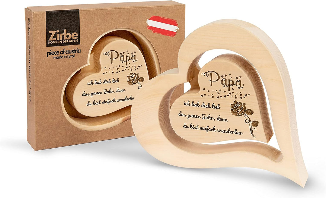 sagl.tirol Herz aus Zirbenholz mit schwebendem innen Herz und Rosen Gravur [100% Naturprodukt] Vater