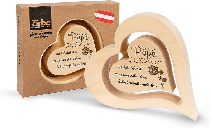 sagl.tirol Herz aus Zirbenholz mit schwebendem innen Herz und Rosen Gravur [100% Naturprodukt] Vater