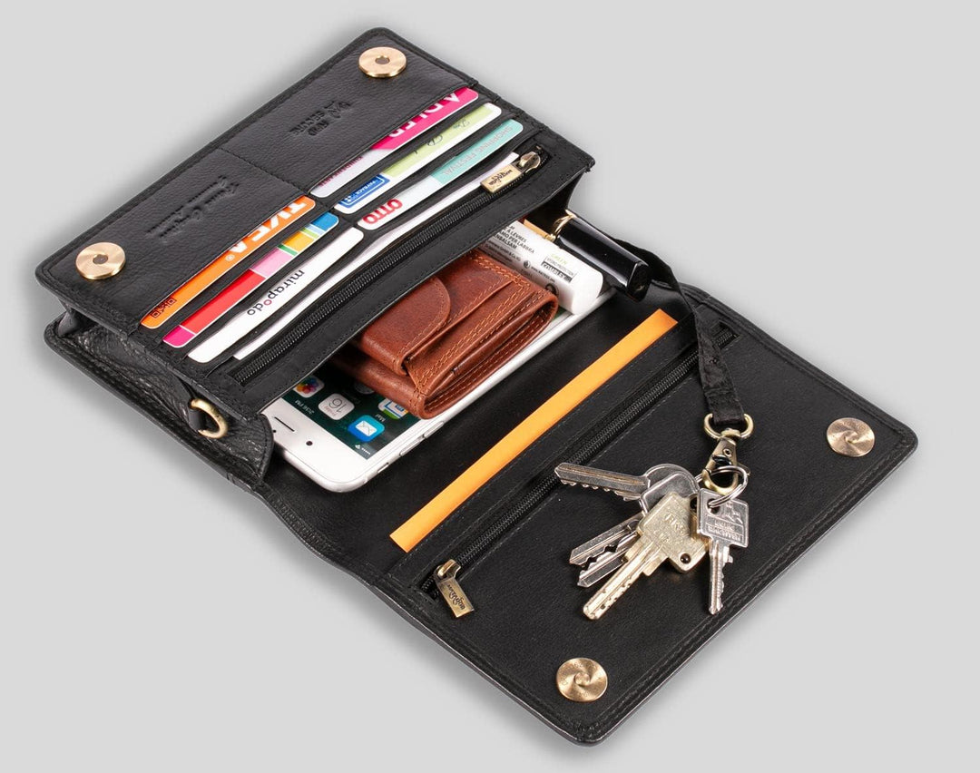 MATADOR Handytasche zum Umhängen Leder Damen Schultertasche Portmonnaie Tasche Handtasche Schwarz Na