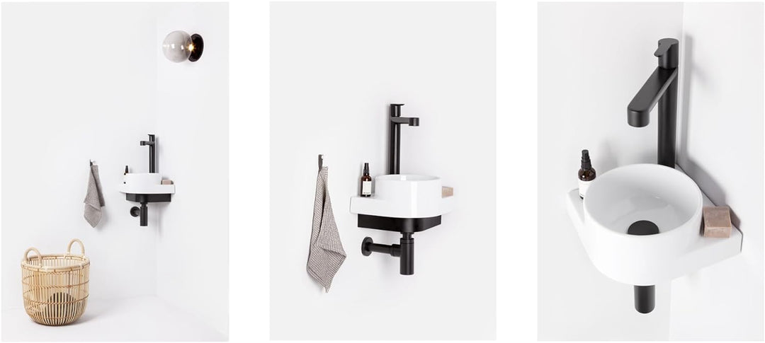 Eckwaschbecken-Set mit Original-Einbauregal und Schwarz Zubehör, Eckwaschbecken zur Wandmontage mit