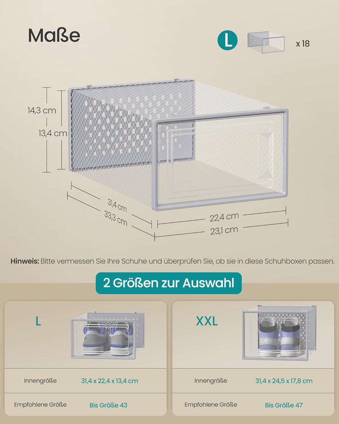 SONGMICS Schuhboxen, 18er Set Schuhkartons durchsichtig, faltbar und stapelbar, bis Grösse 44, trans
