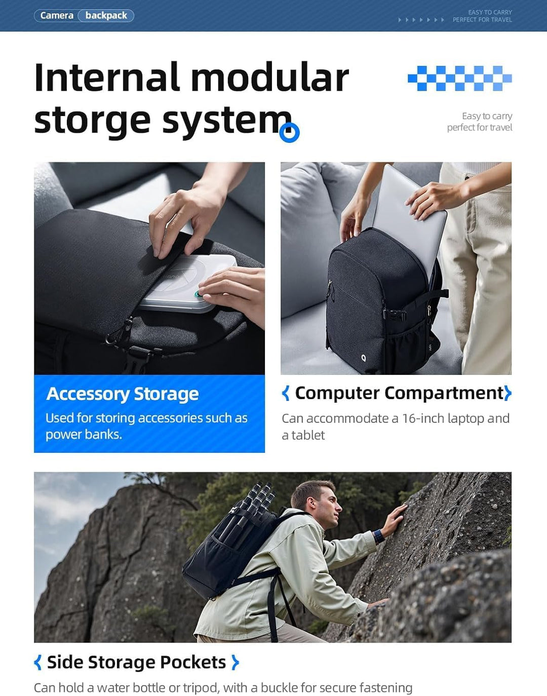 llano Kamerarucksack für DSLR/SLR/Spiegellose Kameras – Wasserabweisender Fotorucksack mit Laptopfac