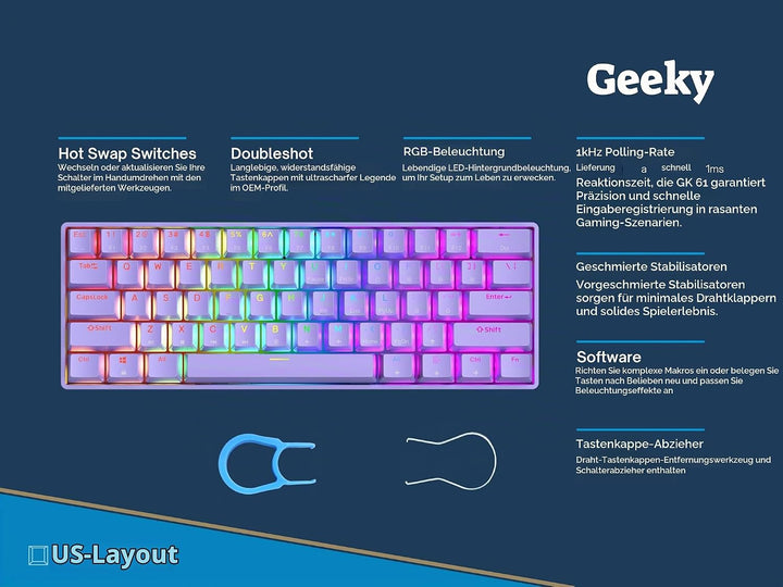 Geeky GK61 60% | Hot Swappable Mechanische Gaming-Tastatur | 61 Tasten Multi Color RGB LED Hintergru
