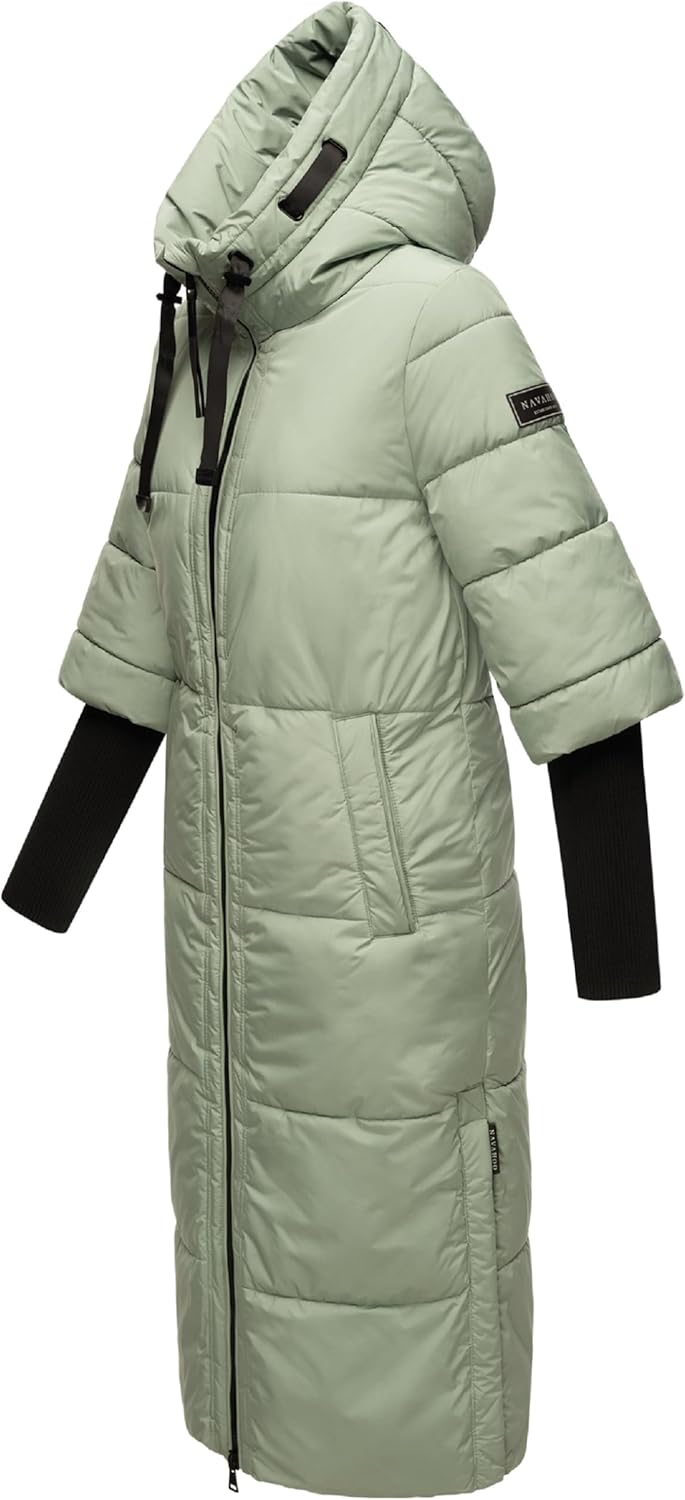 Navahoo Damen Langer Wintermantel Warmer Steppmantel mit Kapuze und Rippstrickärmeln Ciao MIAU XIV X
