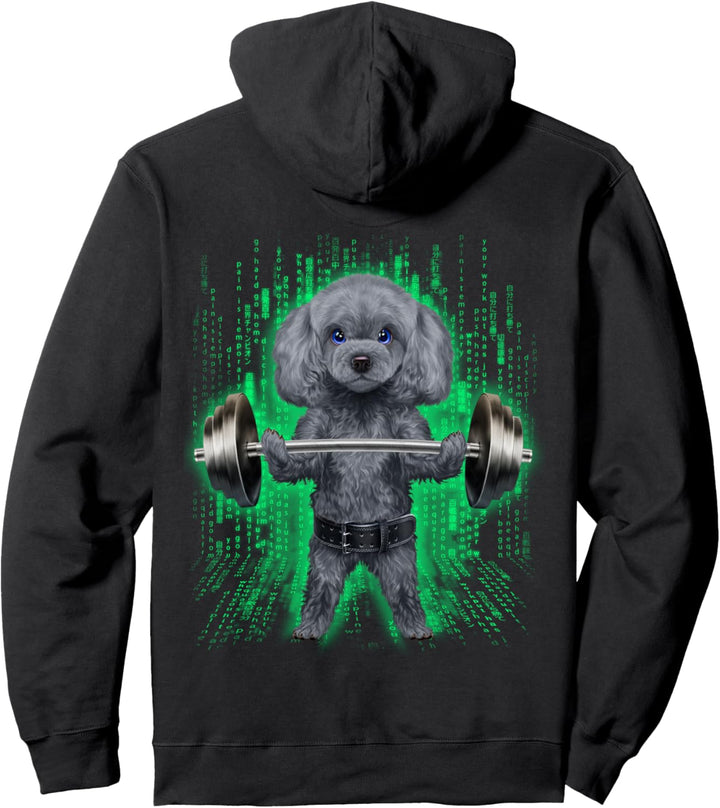 Pudelhund, der Gewichte im Cyber-Fitnessstudio hebt Pullover Hoodie
