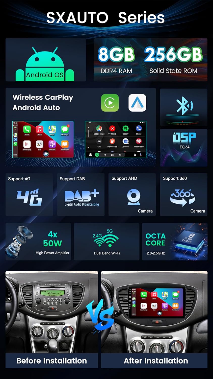 SXAUTO ¦ 8G+256G ¦ Android 12 IPS Autoradio für Hyundai I10 (2007-2013) - Eingebaut Carplay/Android