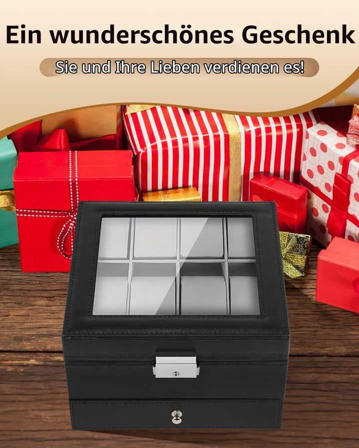 Uten Uhrenbox, 8 Fächern und 1 Schublade mit Schlüsselschloss, Glasdeckel, Schwarzes PU, Graues Samt