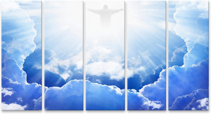 islandburner, Bild auf Leinwand Jesus Christus am blauen Himmel mit Wolken, helles Licht vom Himmel,
