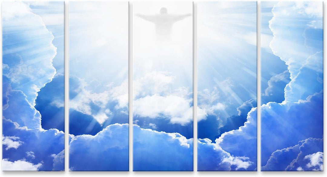 islandburner, Bild auf Leinwand Jesus Christus am blauen Himmel mit Wolken, helles Licht vom Himmel,