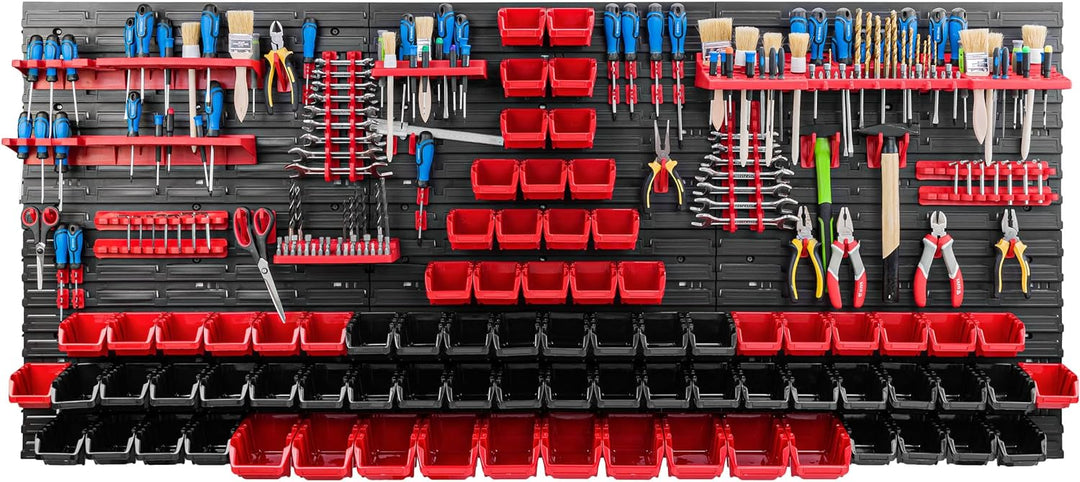 Lagersystem Werkstattregal | 172 x 78 cm | 78 stck. Box | Wandregal mit Werkzeughalterungen und Stap