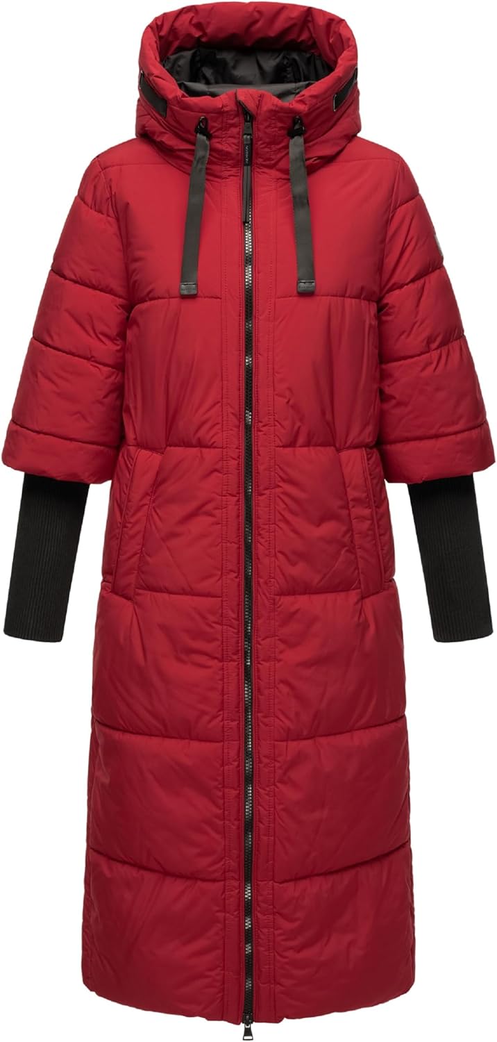 Navahoo Damen Langer Wintermantel Warmer Steppmantel mit Kapuze und Rippstrickärmeln Ciao MIAU XIV X