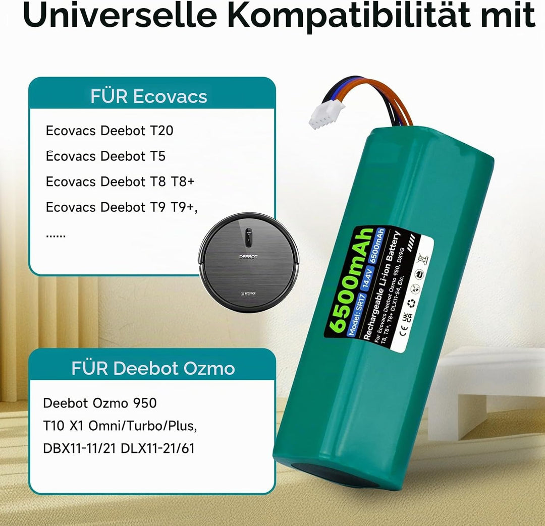 6500mAh 14.4V Ersatz Akku für Deebot N10 N20 N30 Pro/Max/Plus, für Ecovacs T30 Omni, für Ecovacs Dee