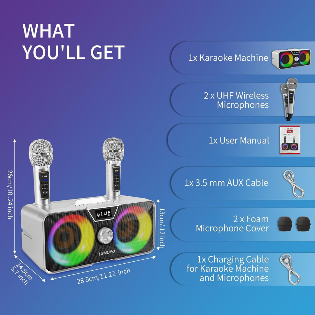 Tragbarer Karaoke Maschine,Karaoke mit 30W Bluetooth Lautsprecher,2 Kabellosen Karaoke-MikrofonWiede