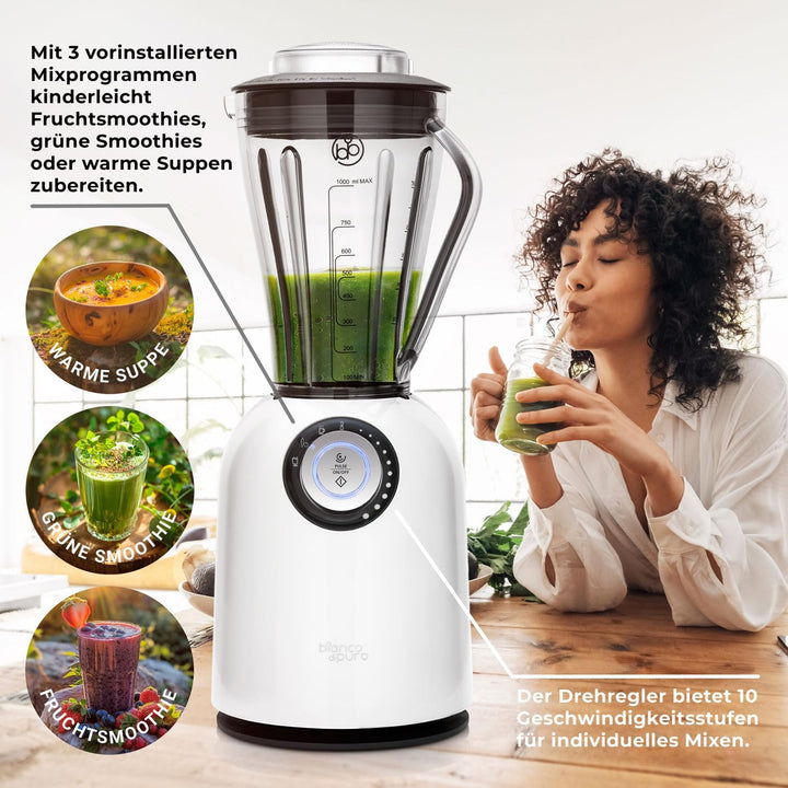 bianco di puro Hochleistungsmixer Attivo bis 24.500 U/Min Smoothie Maker inkl. Sport-To-Go Mixbecher