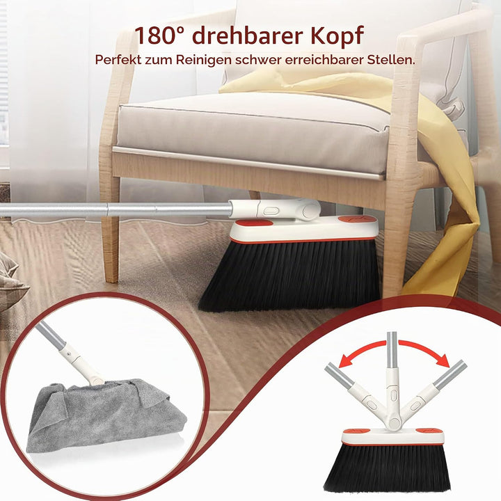 JEHONN Besen und Kehrschaufelset Set mit Langem Griff, 180 Grad Drehbar Kehrmaschine und Kehrschaufe