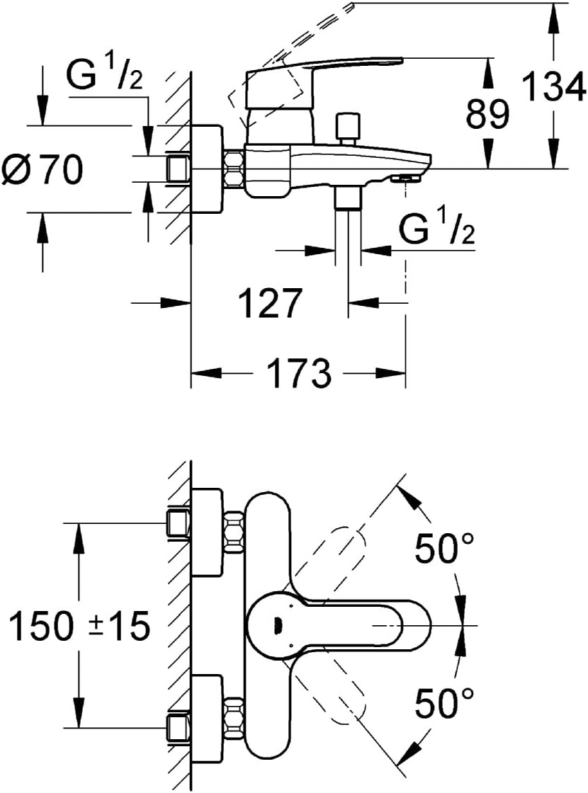 GROHE Eurostyle Cosmopolitan - Einhand-Wannenbatterie (langlebige Oberfläche, für die Wandmontage, S