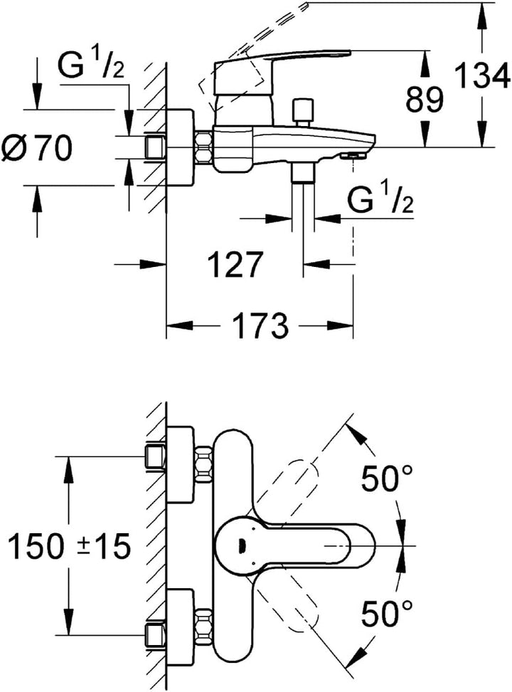 GROHE Eurostyle Cosmopolitan - Einhand-Wannenbatterie (langlebige Oberfläche, für die Wandmontage, S