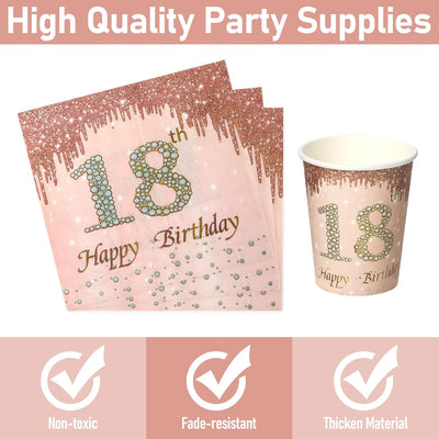 PARTY GO Party Geschirr 96 Stück Roségold Geburtstag Party Geschirr Set, 18th Roségold Geburtstag Pa