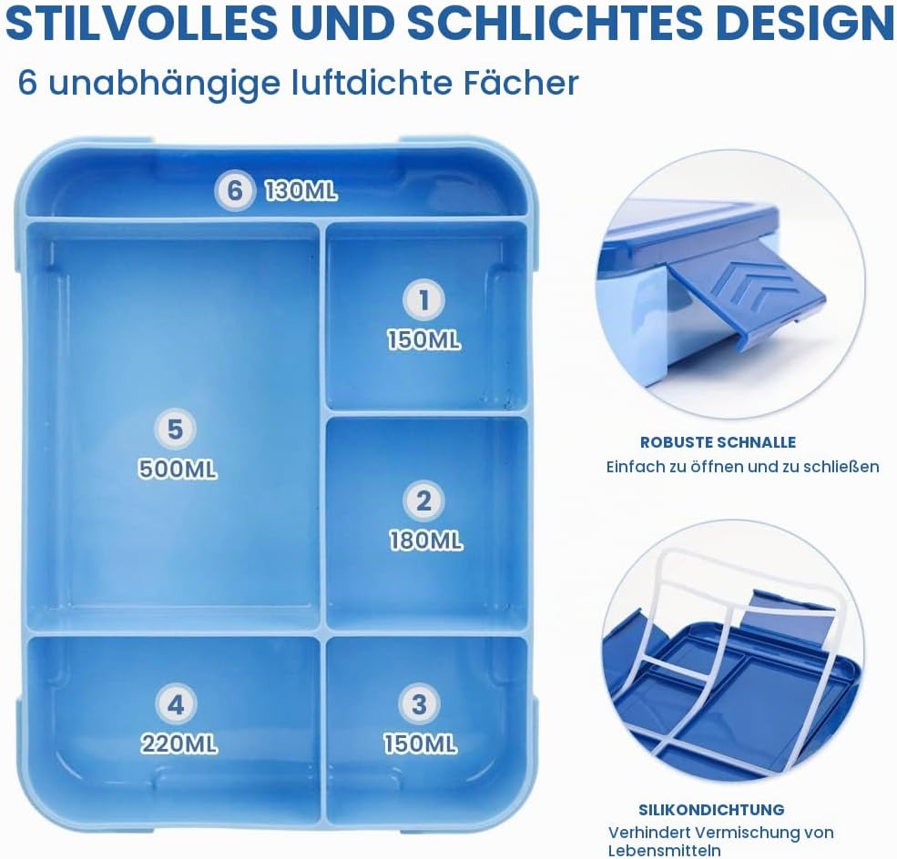 Bugucat Brotdose Kinder mit Fächern 1330ML 2 Set,Lunchbox Kinder Bento Box Auslaufsicher mit 6 Fäche