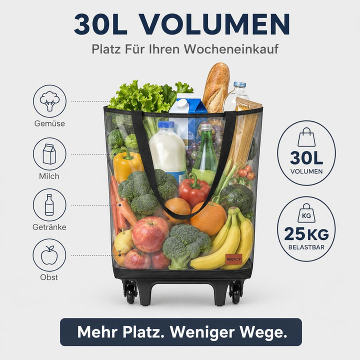 2 in 1 Einkaufstrolley Klappbar 30L Einkaufswagen 25kg Tragkraft 90cm Höhe | 30L Kapazität, 25kg Tra