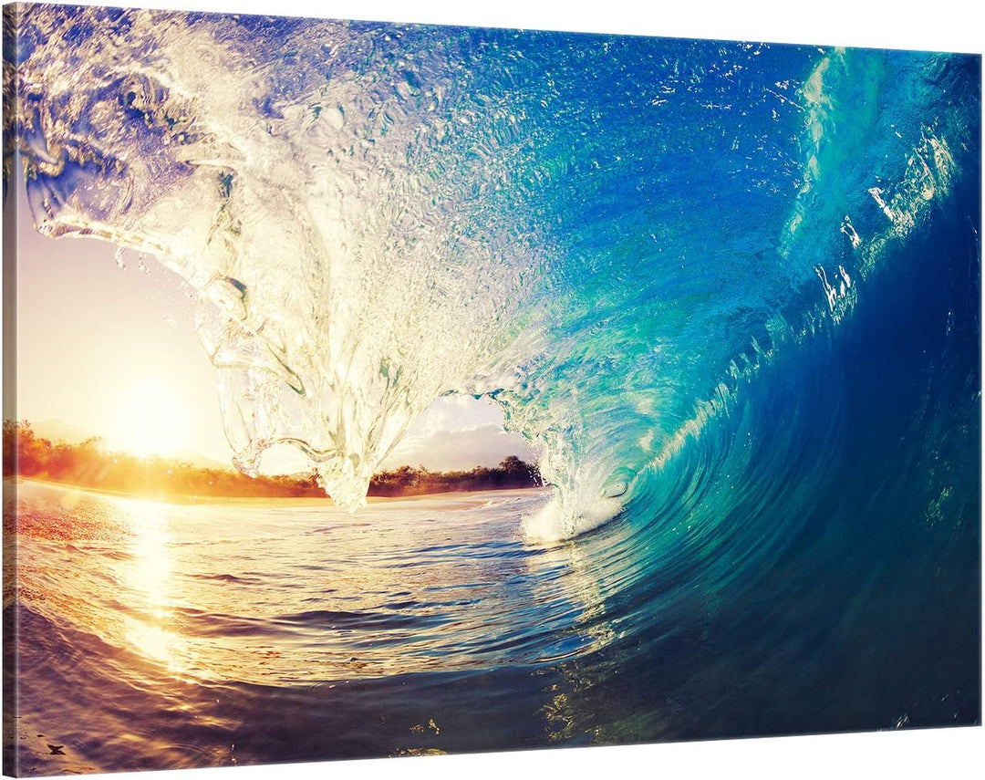 ge Bildet Bild auf Leinwand | the Wave - Welle Surfen Wasser Sonnenuntergang blau gelb orange S in 1