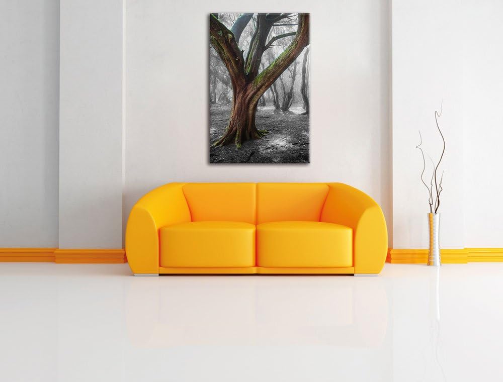 Pixxprint einsamer Baum in tristem Grau / 100x70cm Leinwandbild bespannt auf Holzrahmen/Wandbild Kun