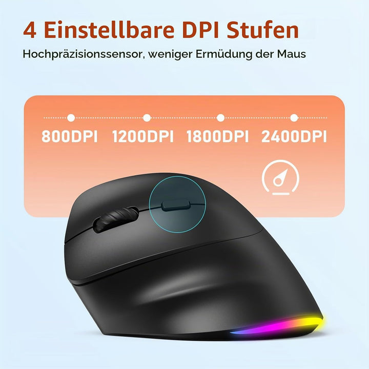 MEETION Linkshänder-Maus, Ergonomisch, Kabellos, Vertikal, RGB für Bluetooth (5.2 + 3.0) und USB-A M