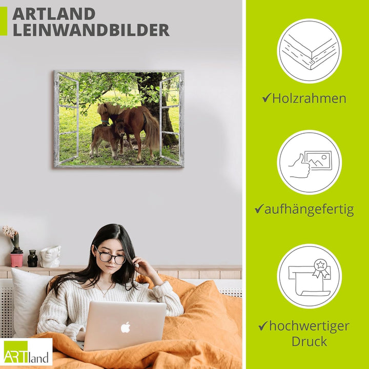 ARTland Leinwandbilder Wandbild Bild auf Leinwand 60x45 cm Wanddeko Fensterblick Fenster Pferd Pony