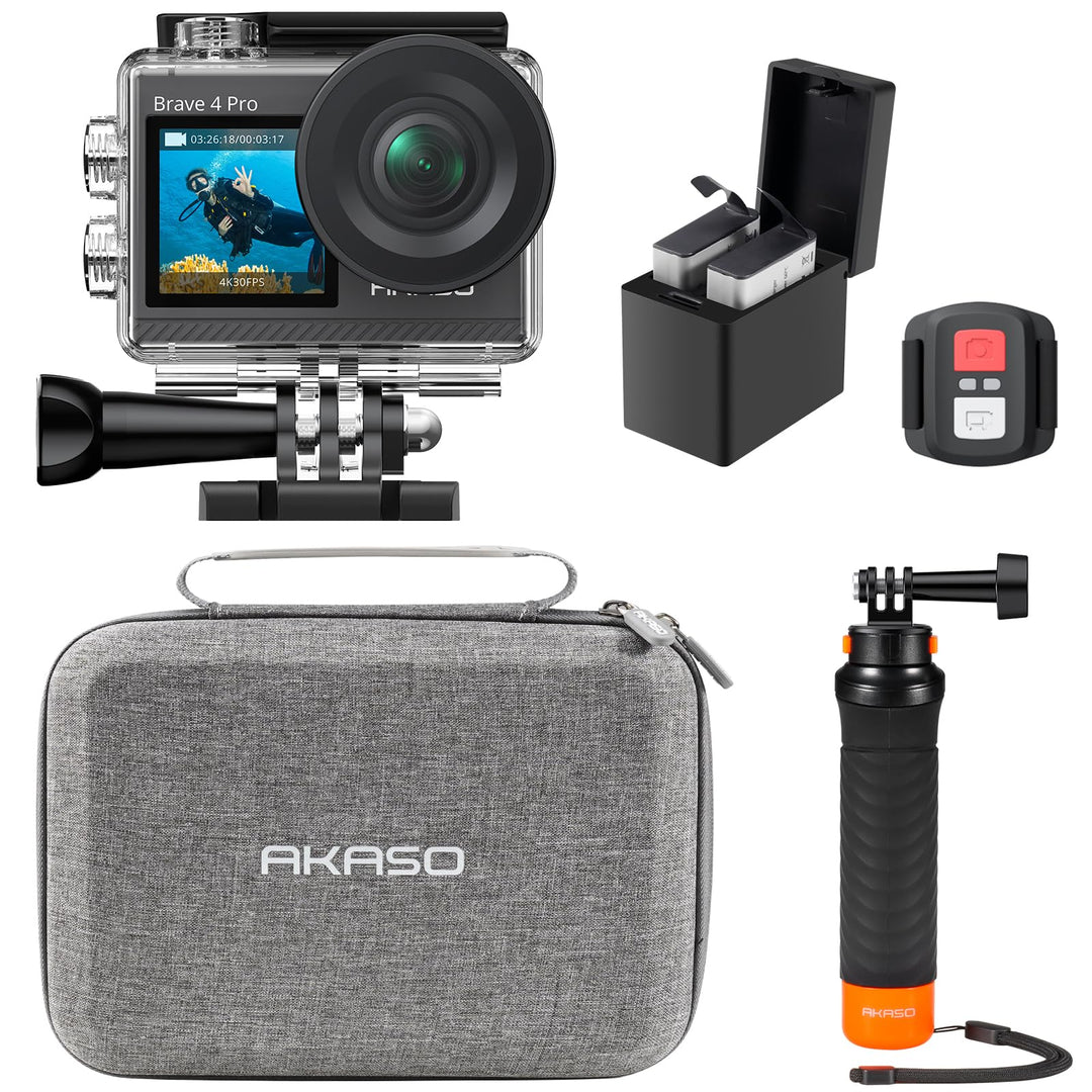 AKASO Brave 4 Pro Action Cam 4K30FPS 20MP mit Schwimmender Handgriff und Tasche 40M Unterwasserkamer