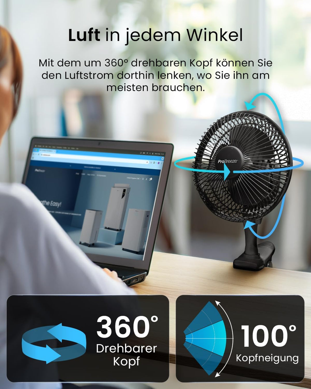Pro Breeze Mini Ventilator mit Clip - 20 cm Durchmesser, 2 Geschwindigkeitsstufen, starke + stabile