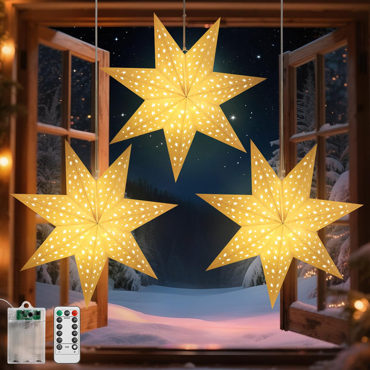 Lewondr Weihnachts Papierstern Laterne 3PCS, Hängende 7-Zackige Sternenlichter mit Ausgeschnittenen