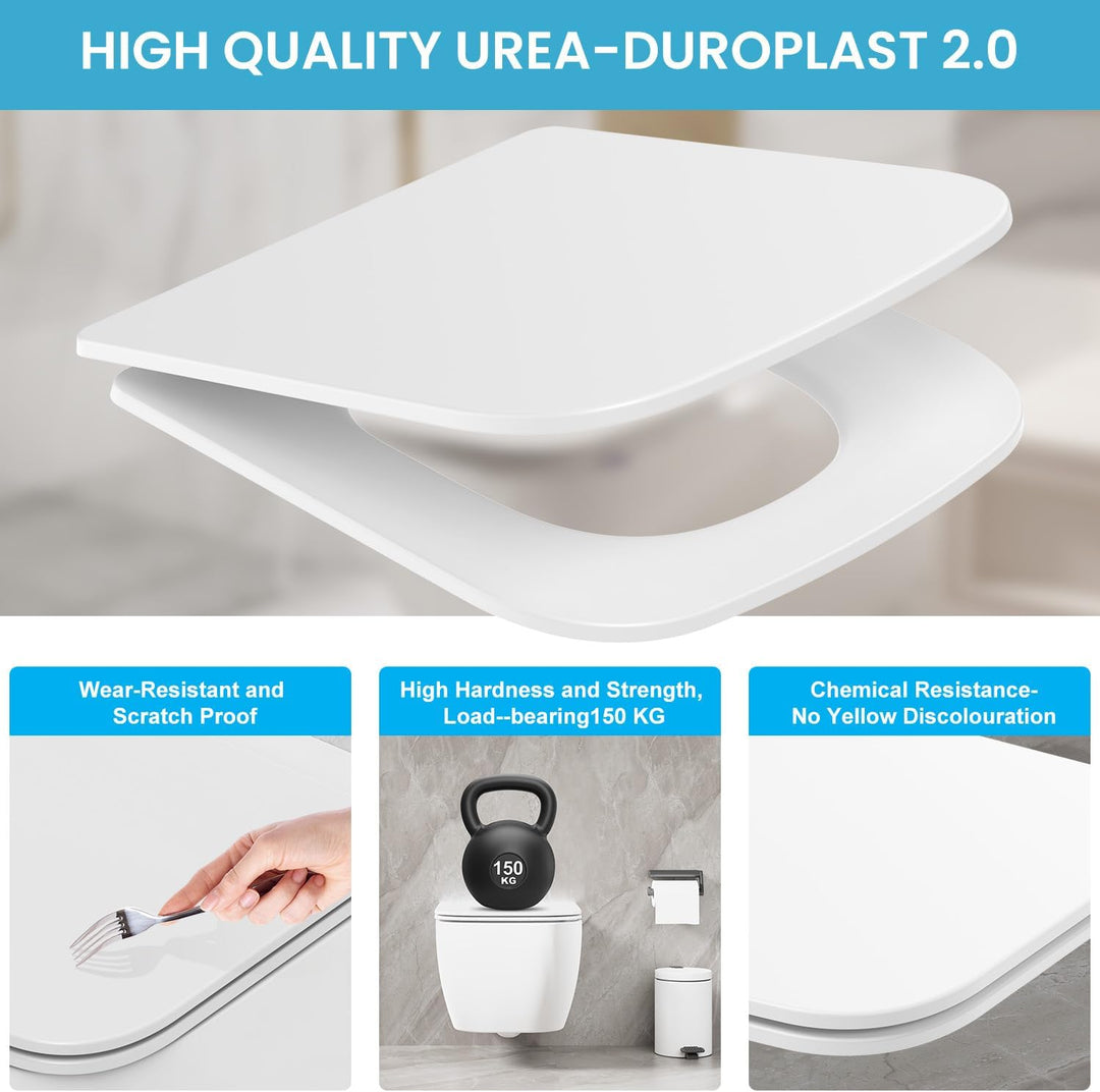 Toilettendeckel mit Absenkautomatik Eckig Weiss, WC Sitz Urea Duroplast, Klobrille Abnehmbar, Klodec