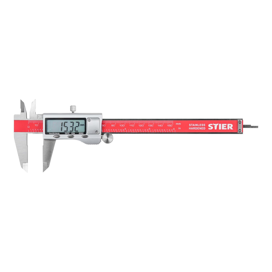 STIER Digitaler Messschieber, Messbereich 150mm, Tiefenmass mit Ersatzbatterien in stabiler Kunststo