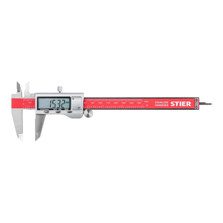 STIER Digitaler Messschieber, Messbereich 150mm, Tiefenmass mit Ersatzbatterien in stabiler Kunststo