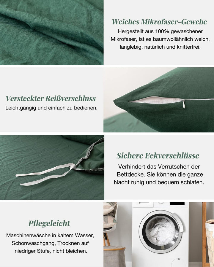 MILDLY Bettwäsche 155x220 Grün 2 Teilig, 100%% Microfaser Einfarbig -Set mit 1 Kissenbezüge 80x80 cm