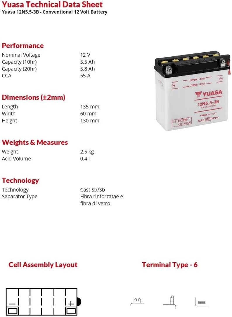 YUASA 12N5.5-3B -Y- BATTERIE offen 12N5.5-3B offen ohne Saeure, 42