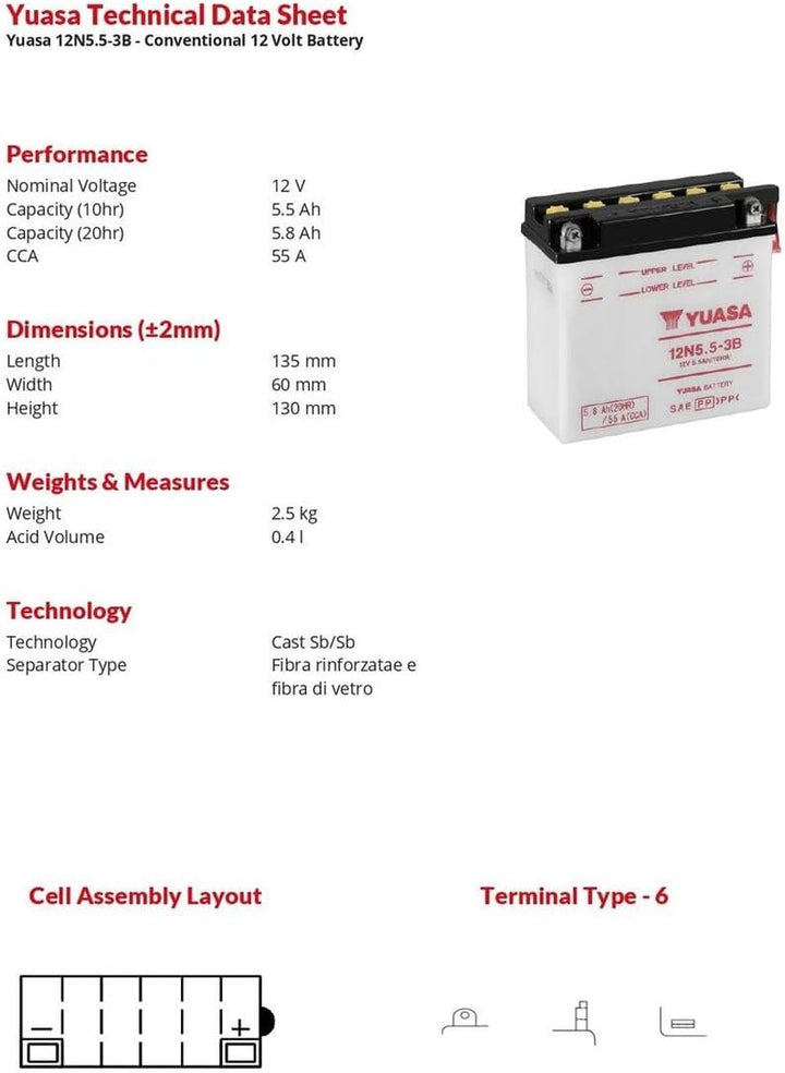 YUASA 12N5.5-3B -Y- BATTERIE offen 12N5.5-3B offen ohne Saeure, 42