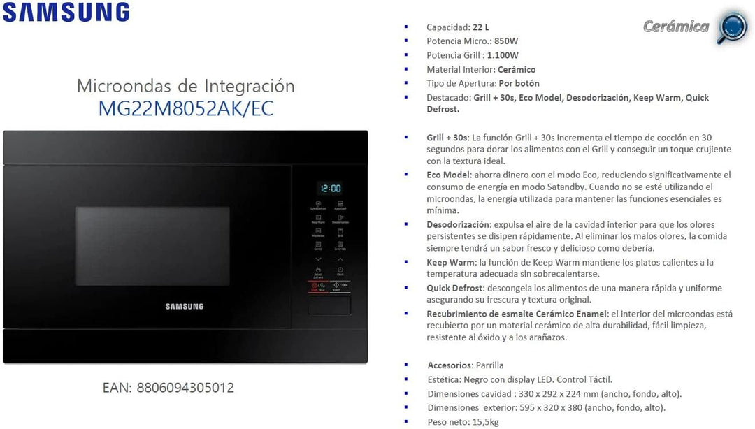 Samsung MG22M8254AK/E1 Integration Mikrowelle 22L 850W/Grill 1100W Schwarz