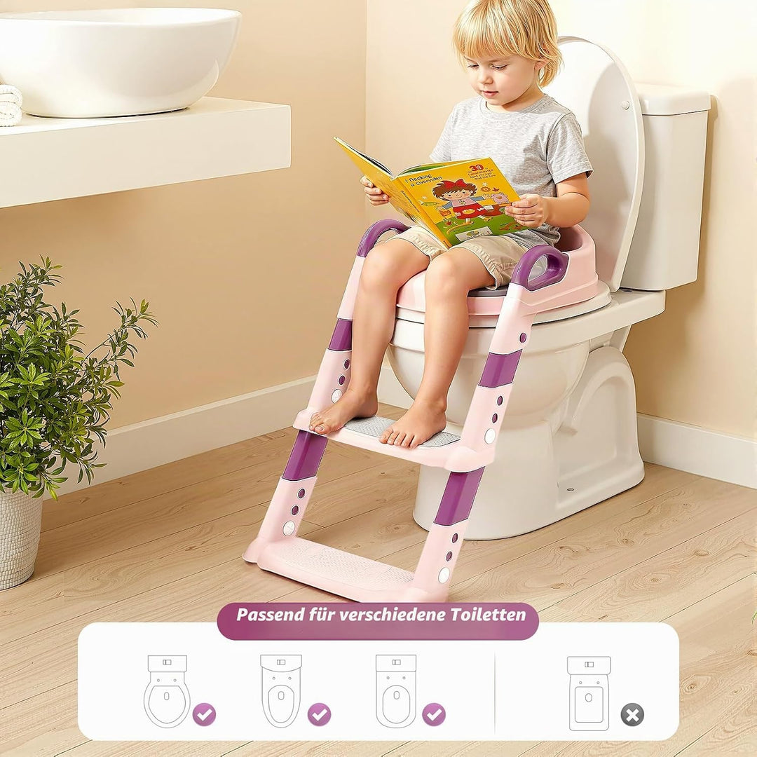Kinder Toilettensitz mit Treppe abnehmbares PU-Kissen, höhenverstellbar 2–7 Jahre, klappbarer WC Sit