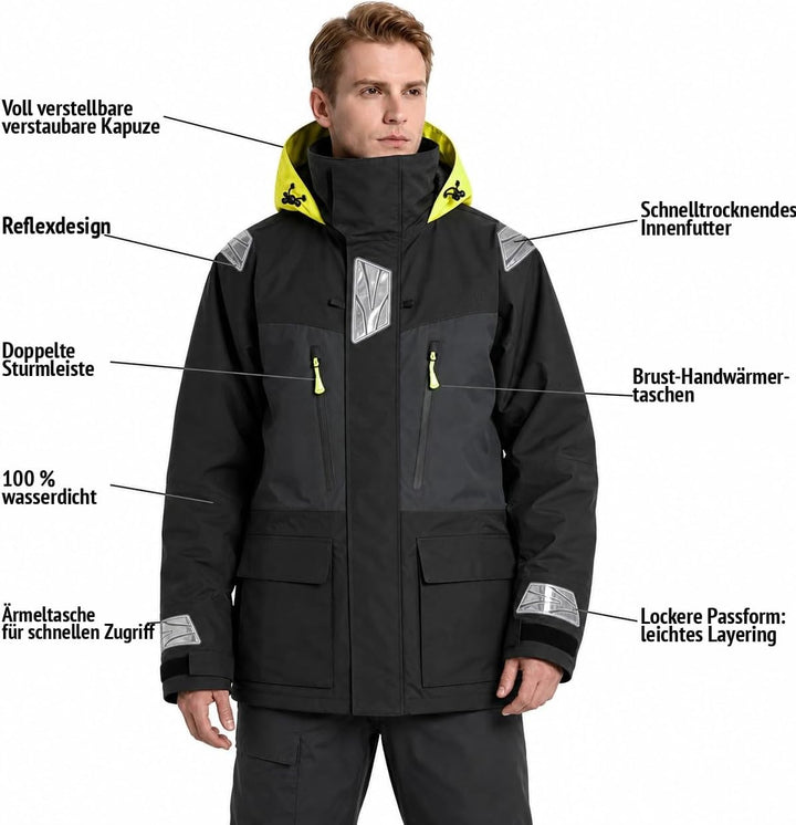 Herren Offshore Segelanzug 3-Lagen Wasserdicht Atmungsaktiv - Profi Segeljacke mit Neon-Kapuze & Ref