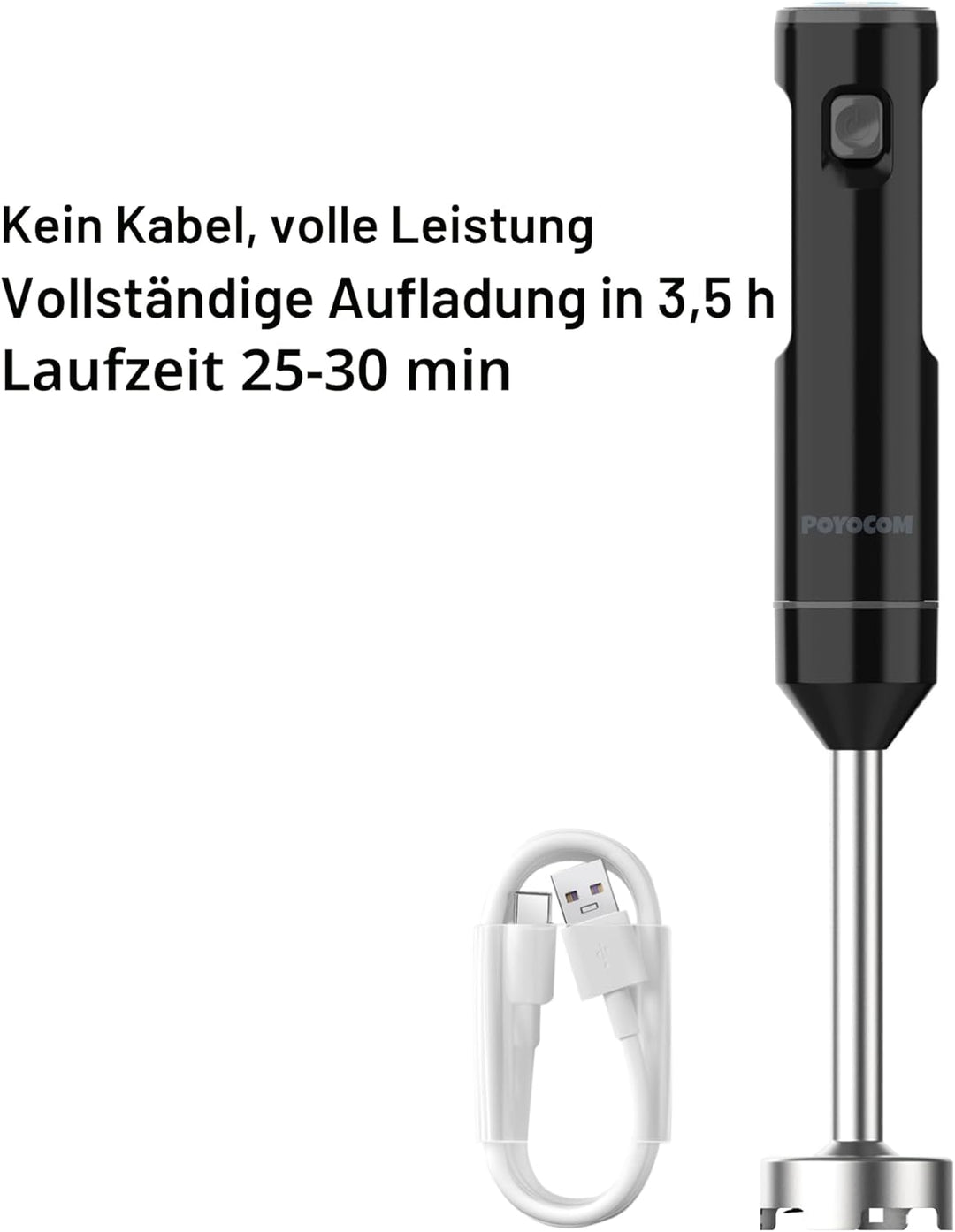 Kabelloser Stabmixer, POYOCOM Akku-Stabmixer, mit TYP-C-Kabel, Zerkleinerer 500 ml, Behälter 600 ml,