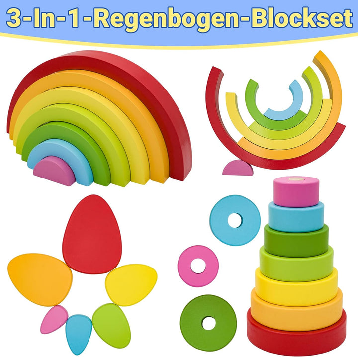 RunHero 3-in-1 Montessori Stapelspielzeug Holzbausteine Regenbogen Motorikspielzeug Grimms Bauklötze